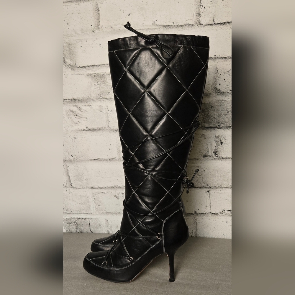 Hugo Boss Quilted Black Leather Tall Boots Women’s 37 Italy Stiletto Heel Zip